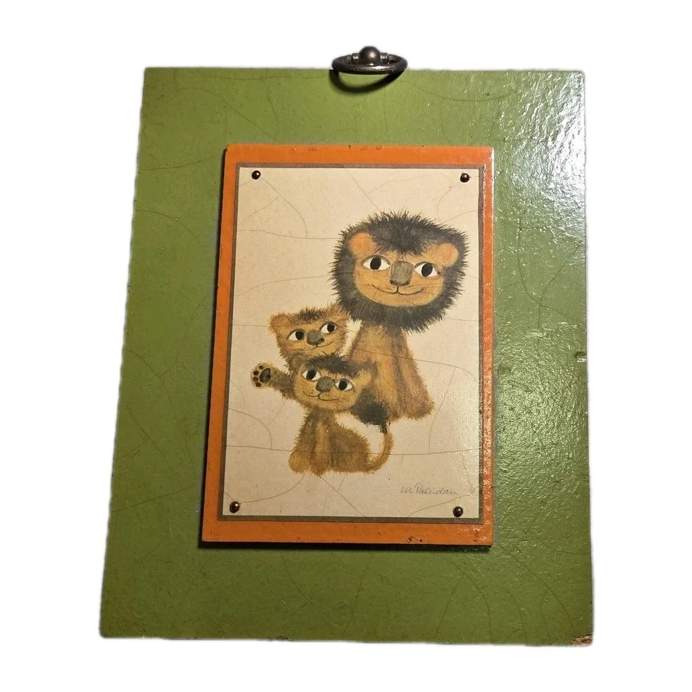 Vintage Lis Paludan Lion Family Wall Plaque Wood Hanging Danish Modern